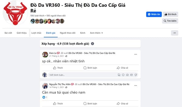 Đánh giá và phản hồi của khách hàng trên facebook