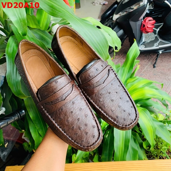 Giày moccasin da bụng đà điểu thật, màu nâu thời trang nam tính
