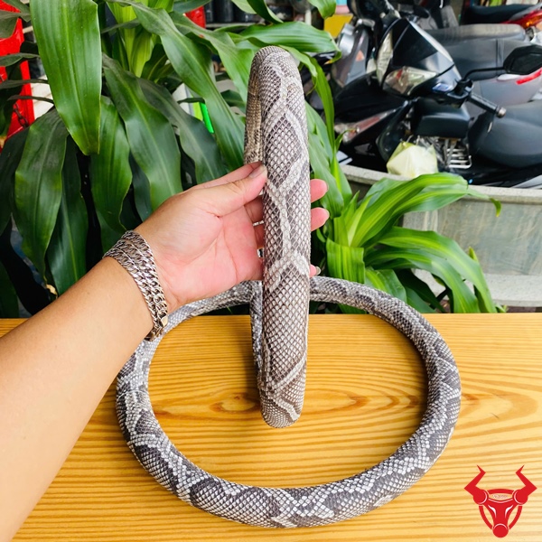 Thời Thượng Và Đẳng Cấp Tuyệt Đối Bọc vô lăng da trăn màu xám trắng họa tiết trăn, đường kính 33cm, đặt trên bàn gỗ, logo đỏ góc phải.