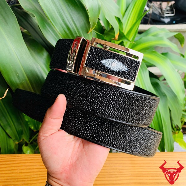 Thắt Lưng Da Cá Đuối - Sang Trọng, Đẳng Cấp Và Lịch Lãm Biệt Lập Thắt lưng TLA17 với khóa hình thoi, thể hiện đẳng cấp và sang trọng trước nền lá xanh.