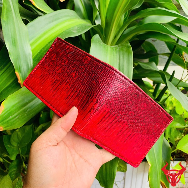 Thời trang đỉnh cao cùng ví VFA18 – Da kỳ đà đỏ cam độc đáo Cận cảnh ví da kỳ đà màu đỏ cam VFA18 cầm tay giữa nền cây xanh.