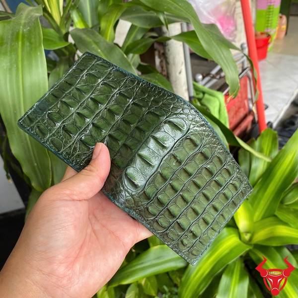 Ví Nam VBA1 Đỉnh Cao Sang Trọng Da Cá Sấu Xanh Lá Ví nam VBA1 da cá sấu màu xanh lá, tay cầm, nền lá xanh và xe máy.