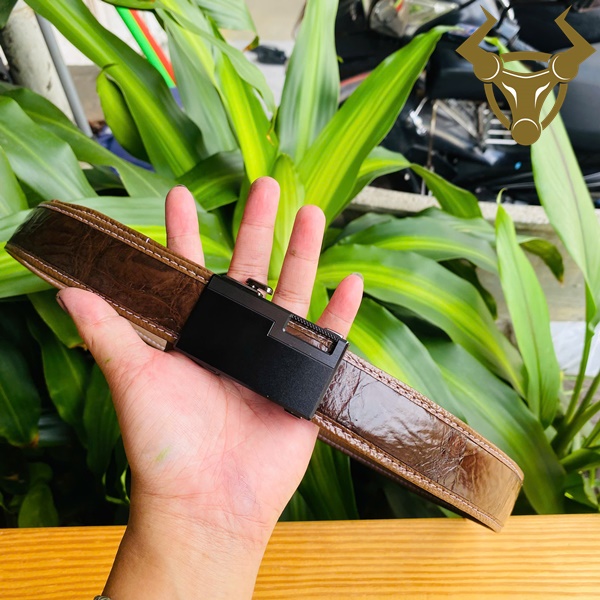 Thắt lưng nam cao cấp da cá sấu nâu đỏ Thắt lưng nam da cá sấu bọc viền, khóa trượt hiện đại, màu nâu đỏ
