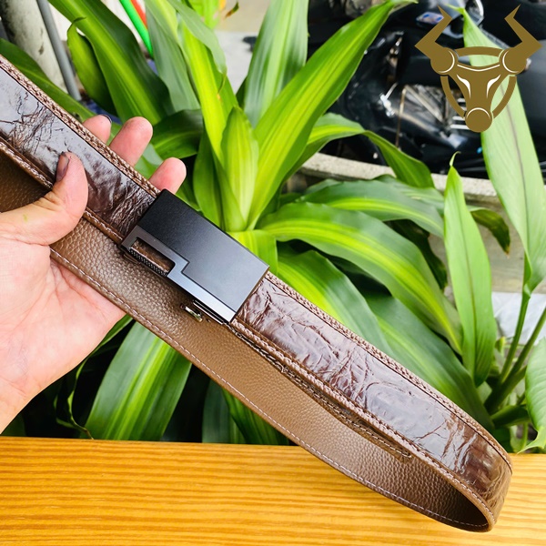 Thắt lưng thời trang nam khóa ray trượt hiện đại Thắt lưng khóa ray trượt da cá sấu thật, màu nâu đỏ viền chỉ nổi