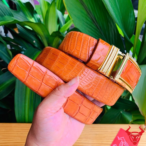 Thắt Lưng Da Cá Sấu Bụng Liền TLA9B2 Màu Bò Cam Thời Trang Quý Ông Thắt lưng da bụng cá sấu liền màu bò cam sang trọng TLA9B2