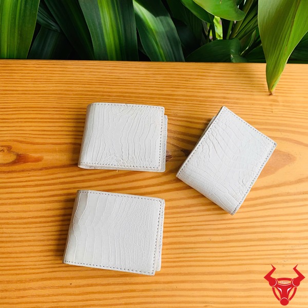 VSAA8 Trắng Mộc Da Bụng Cá Sấu – Ví Mini Thời Trang Cao Cấp Đẳng Cấp Ảnh ví da cá sấu trắng mộc VGA8 mini, cầm tay với nền thực vật.