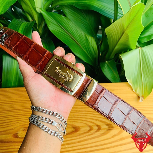 Thắt Lưng Nam Da Cá Sấu Gù Liền Màu Nâu Đỏ Sang Trọng Thắt lưng cá sấu gù liền nâu đỏ sang trọng.