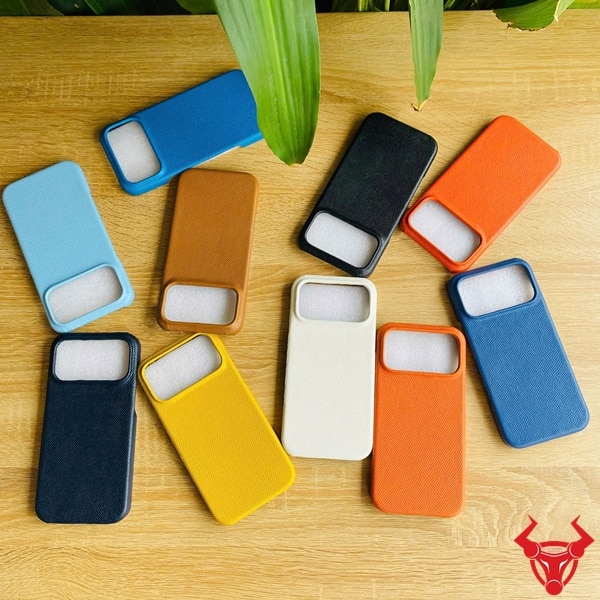 Hình ảnh ốp lưng da bò Epsom xanh nhạt cao cấp cho iPhone 17 Promax, phong cách hiện đại.