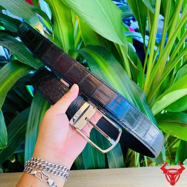 Thắt Lưng Liền Da Cá Sấu Bụng Tự Nhiên – Thời Trang Nam Cao Cấp Thắt lưng da cá sấu bụng nguyên tấm màu đen sang trọng khóa kim.