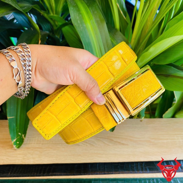 Sang Trọng Hơn Nhờ Thắt Lưng Da Cá Sấu Vàng Đẳng Cấp Hình ảnh thắt lưng da cá sấu vàng với khóa kim lấp lánh, cầm trên tay giữa nền xanh lá, đại diện sang trọng.