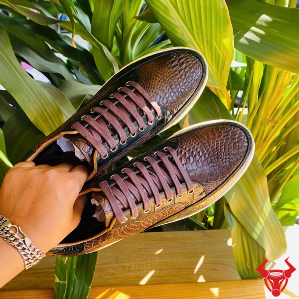 Giày Da Bụng Cá Sấu GCS30 Thời Trang Cao Cấp Giày thể thao da bụng cá sấu màu nâu đất.