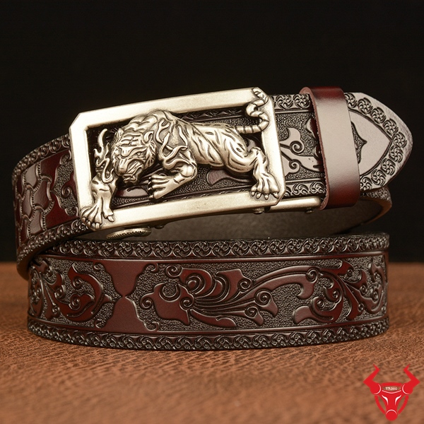 khóa tự động, thắt lưng không lỗ, thắt lưng nam tiện lợi Thắt lưng nam da bò khóa hổ phong cách lịch lãm