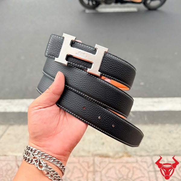 thắt lưng nam da bò togo ý 2 mặt đen cam tlk16 Thắt lưng nam da bò Togo Ý 2 mặt đen cam khoá H trắng cao cấp