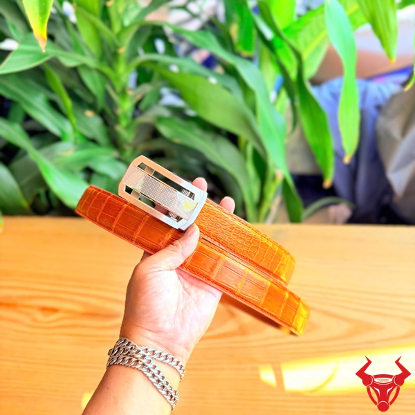 Thắt lưng TSK33 da cá sấu khóa tự động cao cấp Thắt lưng da cá sấu TSK33 vàng cam sang trọng