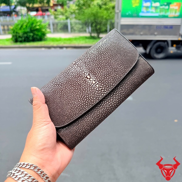 Ví Nữ 3 Gấp Da Cá Đuối Màu Xám Sang Trọng Ví nữ da cá đuối xám thiết kế tối giản cao cấp