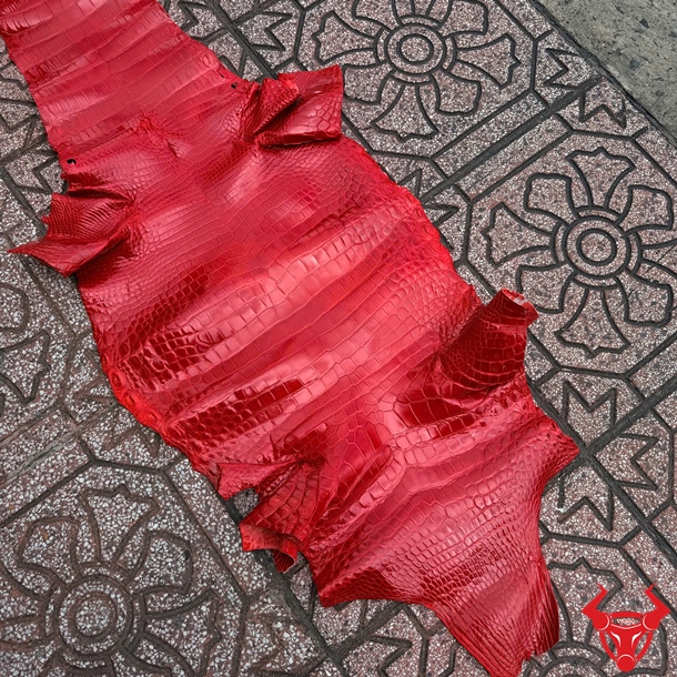 Da Cá Sấu Màu Đỏ Bóng Kính Vân Đều Size 5 Nhỏ Tấm da cá sấu bóng kính màu đỏ size 5 nhỏ bỏ gai với đường vân cân xứng.