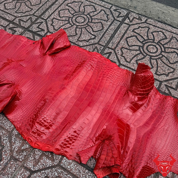 Da Cá Sấu Bóng Kính Size 5 Nhỏ Bỏ Gai Màu Đỏ Cao Cấp Da cá sấu bóng kính size 5 nhỏ bỏ gai màu đỏ với bề mặt bóng đẹp và vân tự nhiên.