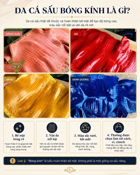 Da Cá Sấu Bóng Kính Là Gì? Đặc Điểm & Màu Sắc Infographic da cá sấu bóng kính Thái Lan với bề mặt bóng cao, vân da rõ và các màu hồng, đỏ,