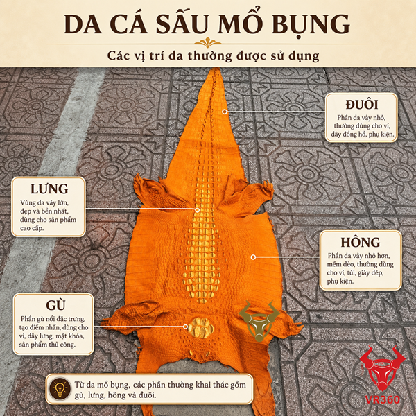 Ảnh phân biệt các vị trí da cá sấu mổ bụng Hình minh họa da cá sấu mổ bụng với các vị trí da thường được sử dụng gồm gù, lưng, hông và đuôi tại VR360