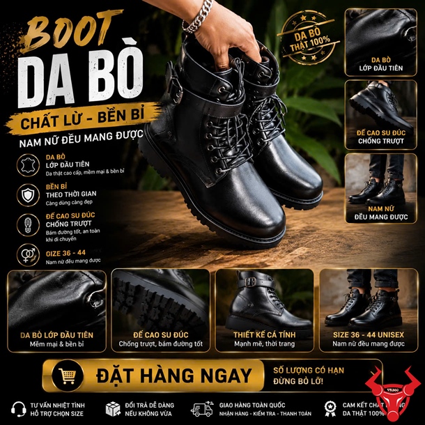 Giày Boot Da Bò GB02 Cổ Cao Bền Bỉ Tôn Dáng Giày Boot cổ cao GB02 da bò lớp đầu tiên sang trọng bền bỉ tôn dáng