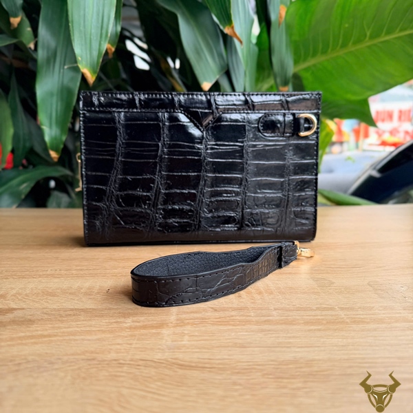 Clutch Cầm Tay Da Bụng Cá Sấu Thái Lan CKCA8 Cao Cấp Clutch cầm tay da bụng cá sấu Thái Lan màu đen CKCA8