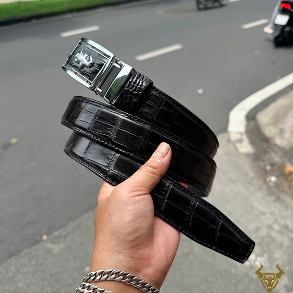 Thắt Lưng Da Bụng Cá Sấu TLA9B2 Màu Đen Cao Cấp Thắt lưng da bụng cá sấu bản 3.5cm màu đen khóa tự động TLA9B2