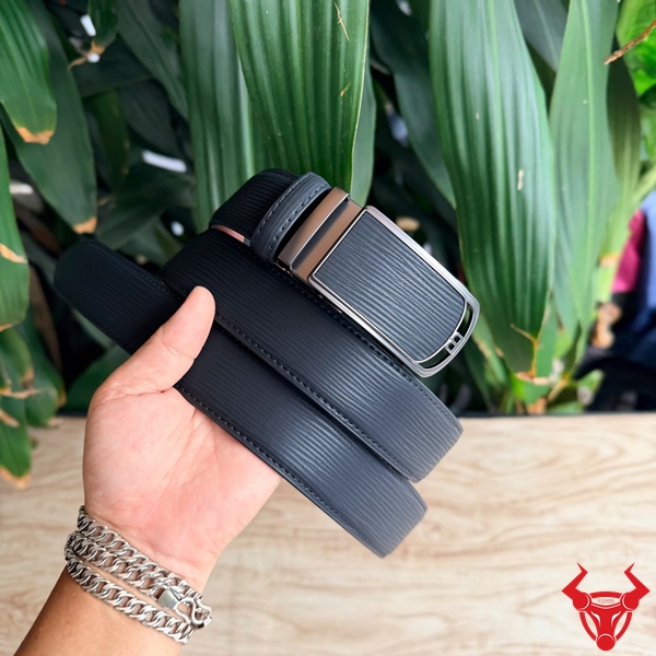 Thắt Lưng Da Bò Vân Sọc TLRN22 Màu Đen Thời Trang Thắt lưng nam TLRN22 da bò màu đen vân sọc khóa ray trượt cá tính